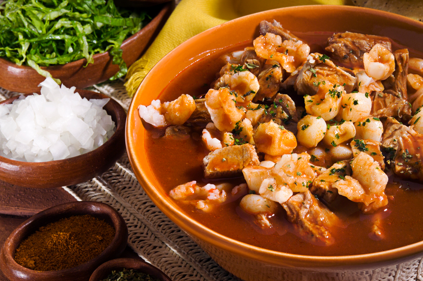 Pork red pozole, a mexican traditional dish.